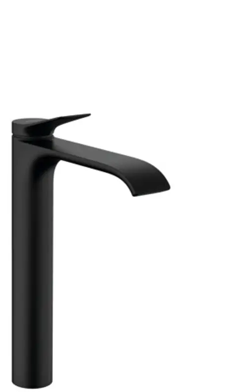 Schwarzer Einhebel-Waschtischmischer von Hansgrohe mit flacher Auslaufform und Bedienhebel, geeignet für Aufsatzwaschtische und inklusive Zugstangen-Ablaufgarnitur.